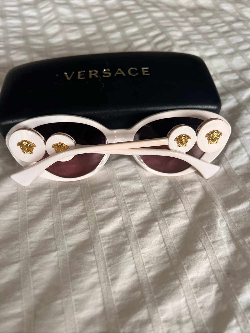Versace White Frame Pink Lens Oval Sunglasses with Gold Accents - Picture 2 of 3